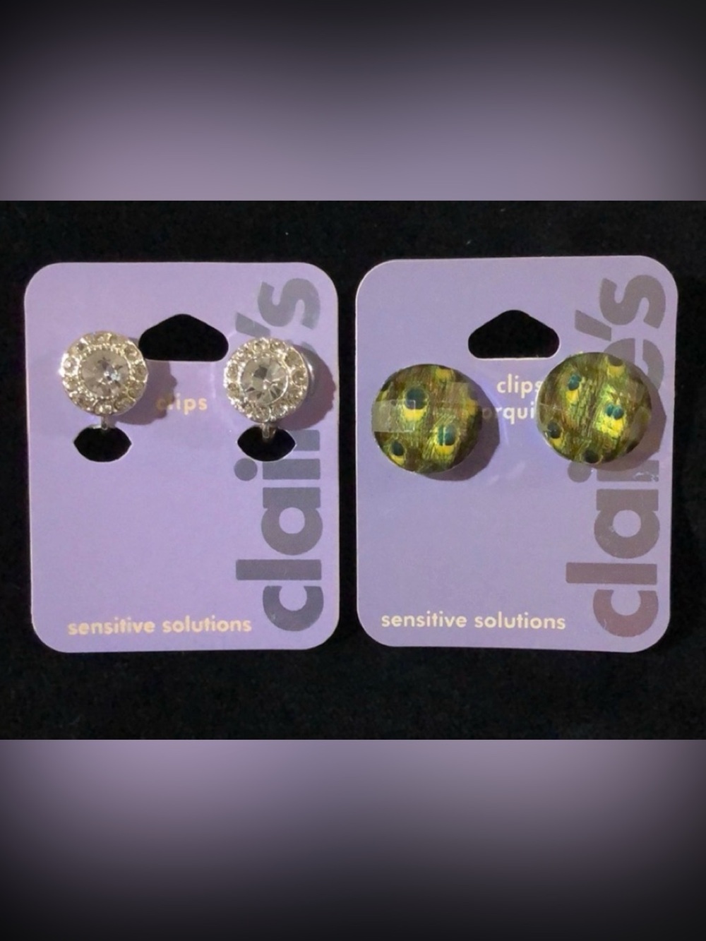 Vintage 2 CLAIRE’S Clip Earrings Rhinestone, Peacock Jewel New Bling Sparkle